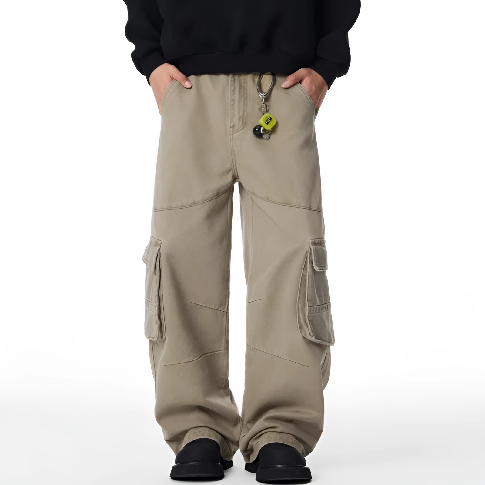 Loose straight-leg cotton cargo pants for men, charcoal gray, with multiple pockets and zipper fly