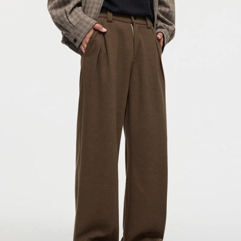 Men's straight fleece-lined casual polyester trousers in Ancient Brown colour, loose fit for autumn winter