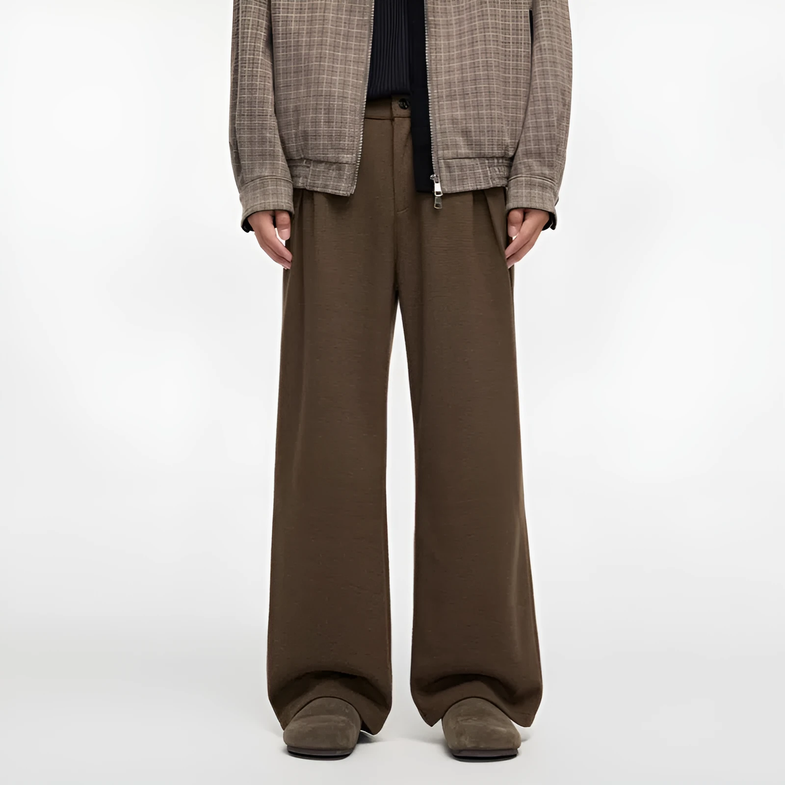 Men's straight fleece-lined casual polyester trousers in Ancient Brown colour, loose fit for autumn winter