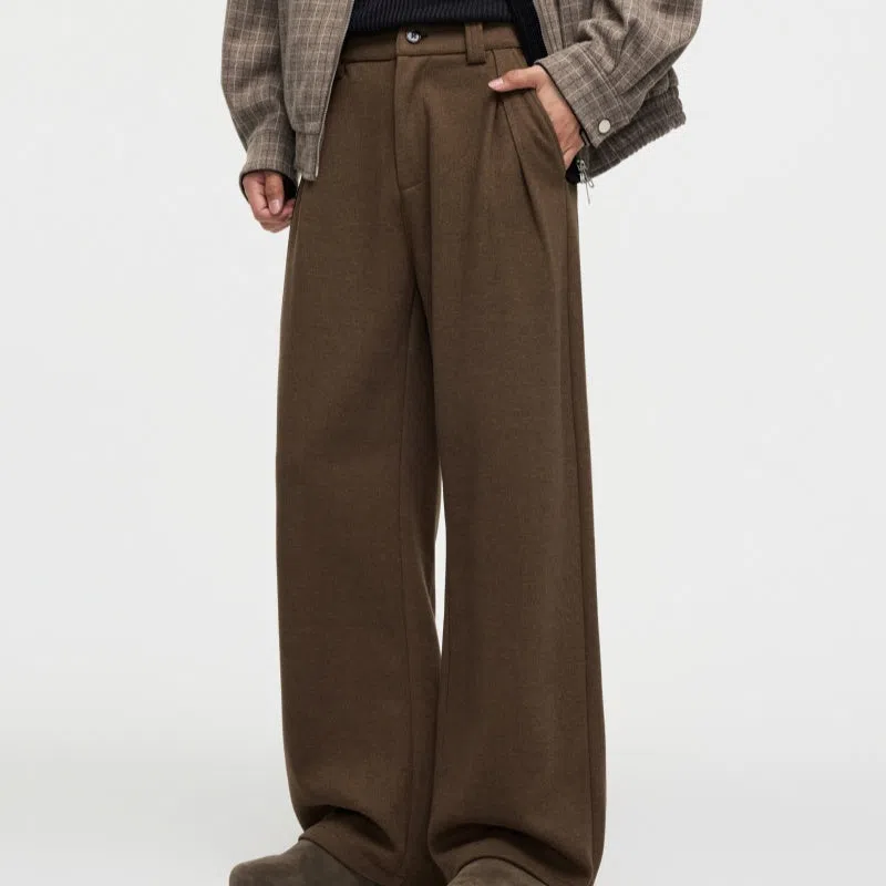 Men's straight fleece-lined casual polyester trousers in Ancient Brown colour, loose fit for autumn winter