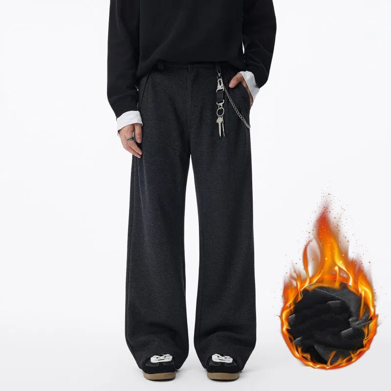 Men's straight fleece-lined casual polyester trousers in Ancient Brown colour, loose fit for autumn winter
