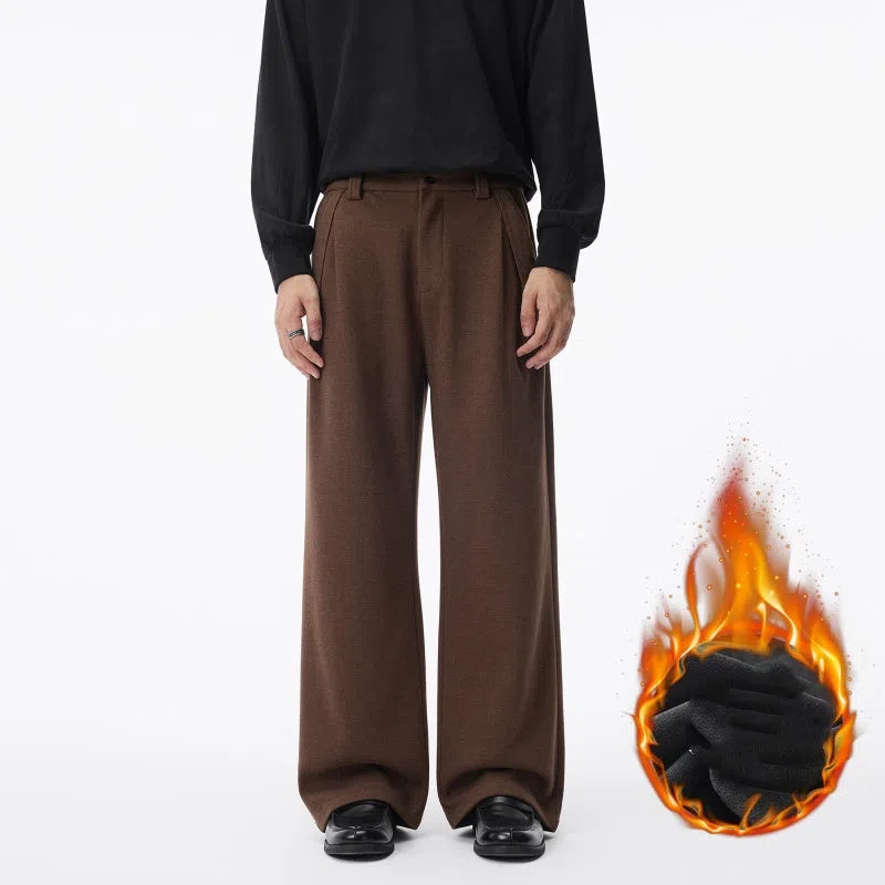 Men's straight fleece-lined casual polyester trousers in Ancient Brown colour, loose fit for autumn winter