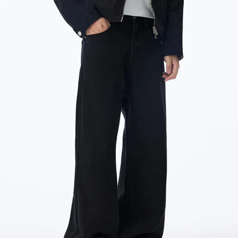 Black straight-leg fleece-lined cotton jeans, American-style casual trousers for autumn and winter, solid colour