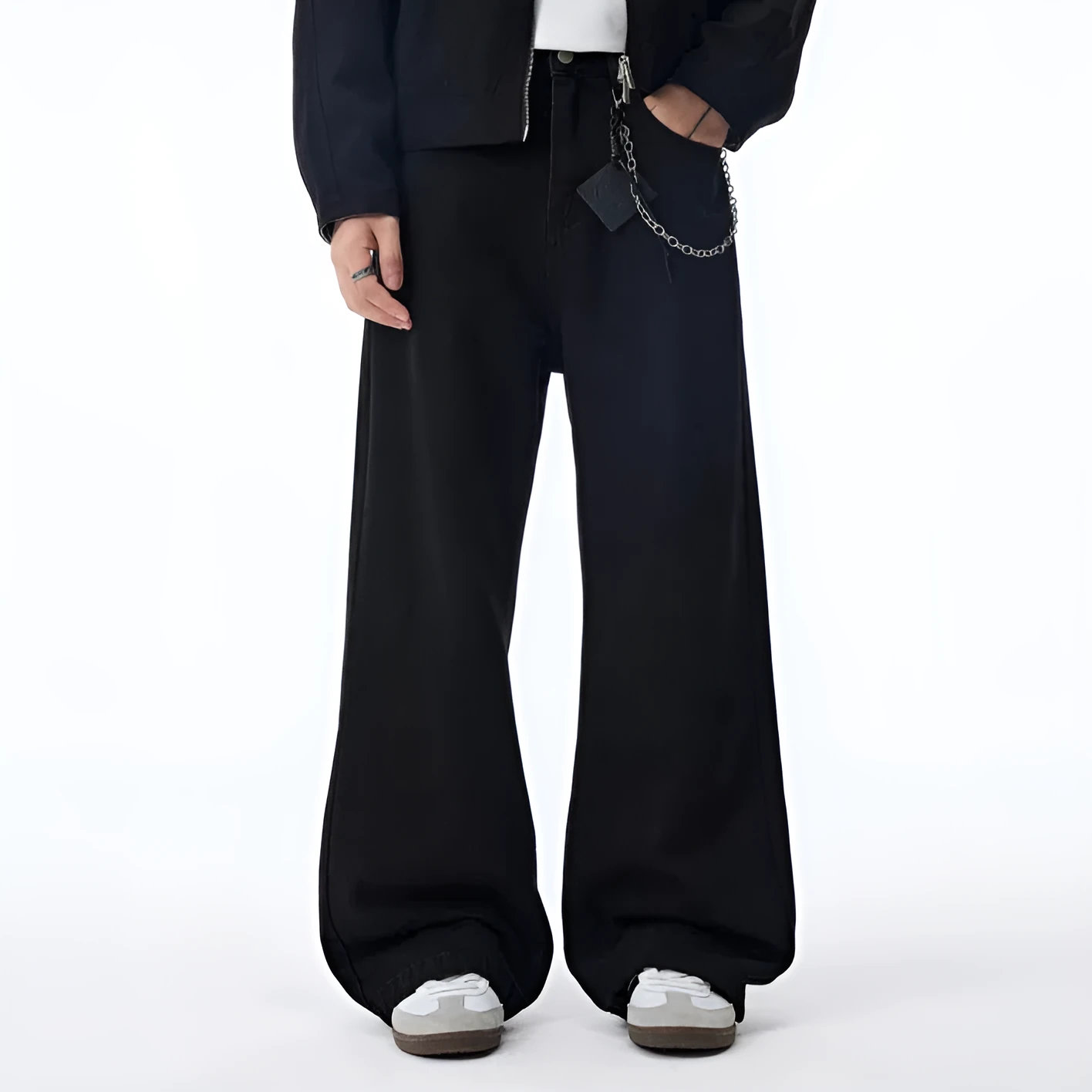 Black straight-leg fleece-lined cotton jeans, American-style casual trousers for autumn and winter, solid colour
