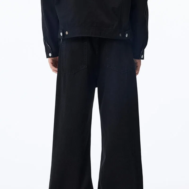 Black straight-leg fleece-lined cotton jeans, American-style casual trousers for autumn and winter, solid colour