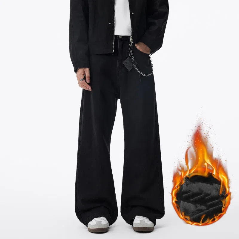 Black straight-leg fleece-lined cotton jeans, American-style casual trousers for autumn and winter, solid colour
