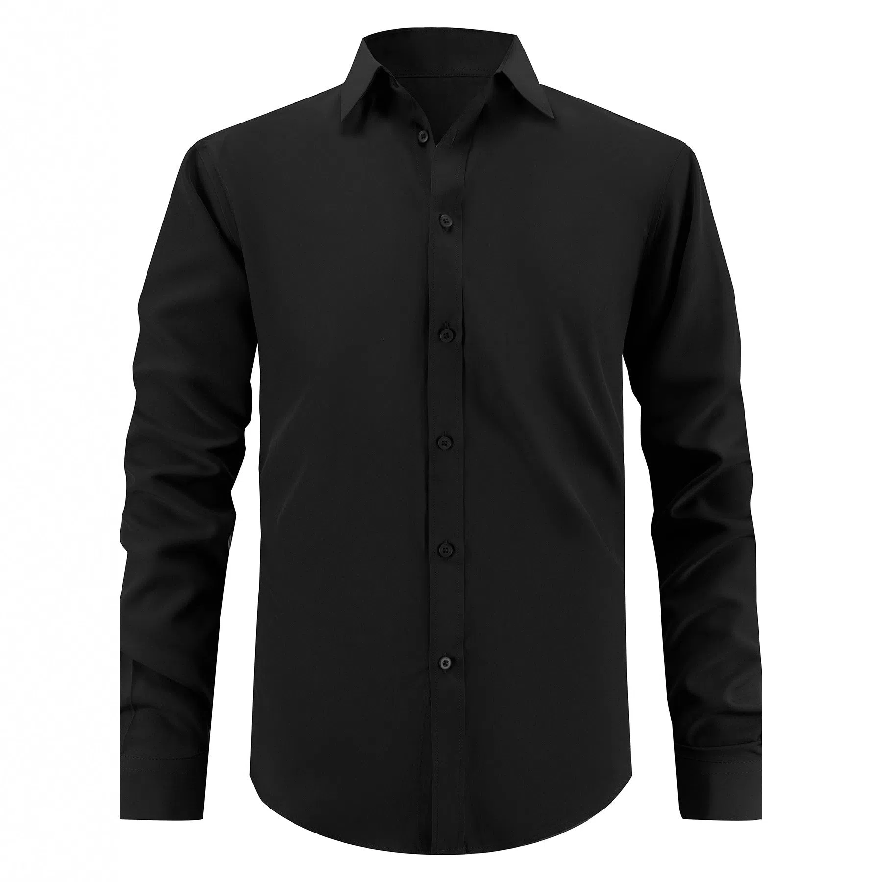 Men's slim-fit solid colour polyester shirt in black, front view, Korean cardigan style casual wear