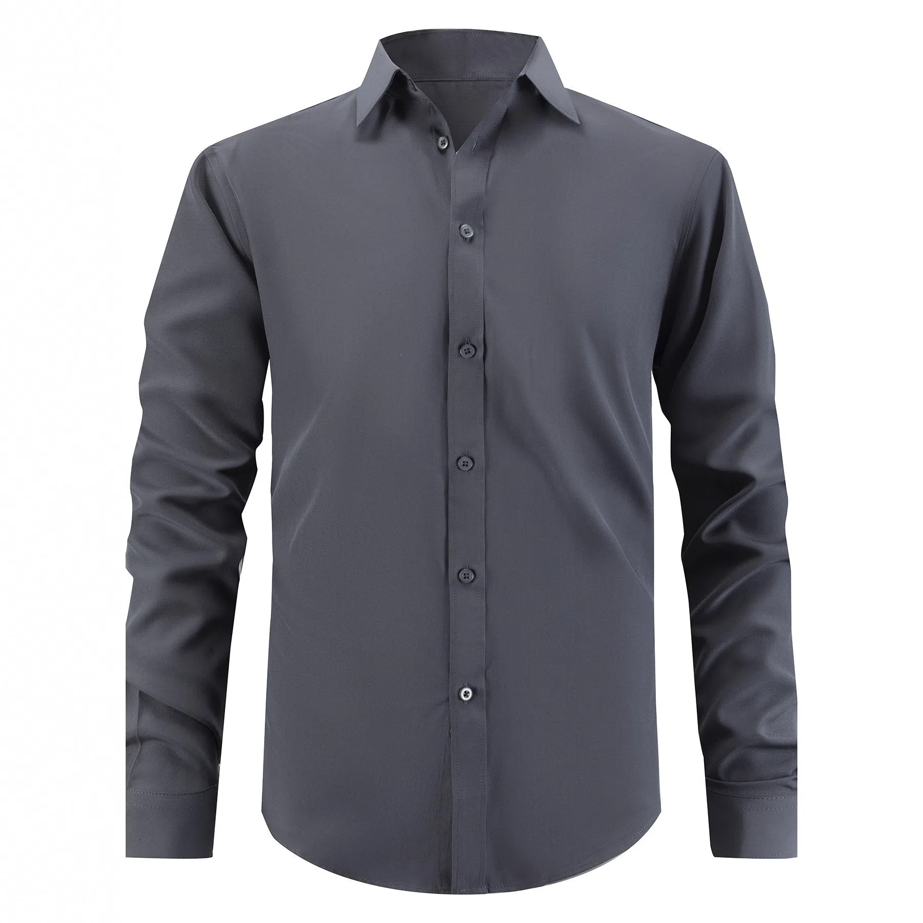 Men's slim-fit solid colour polyester shirt in black, front view, Korean cardigan style casual wear
