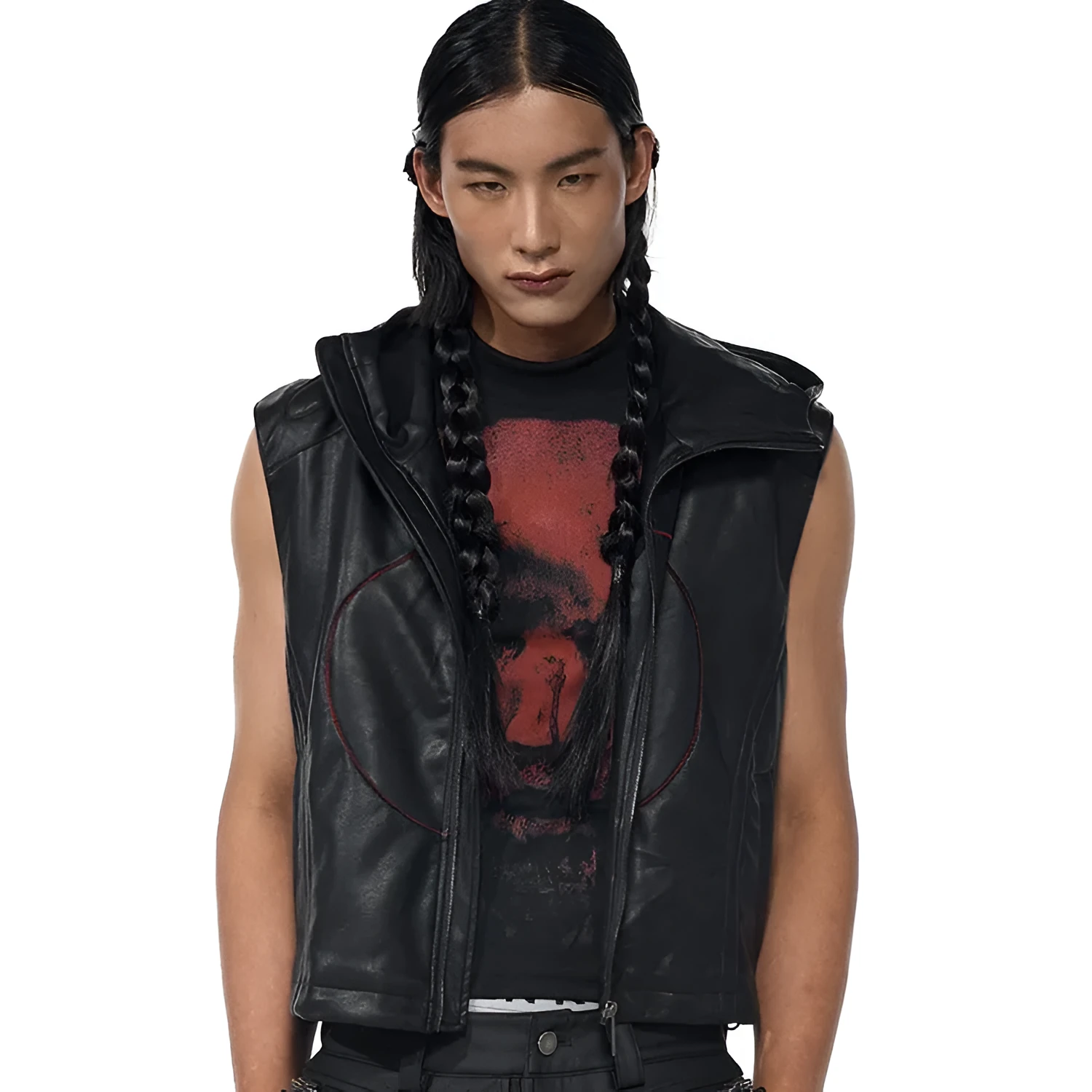 Men's black slim fit leather waistcoat coat with hood and five-pointed star decoration