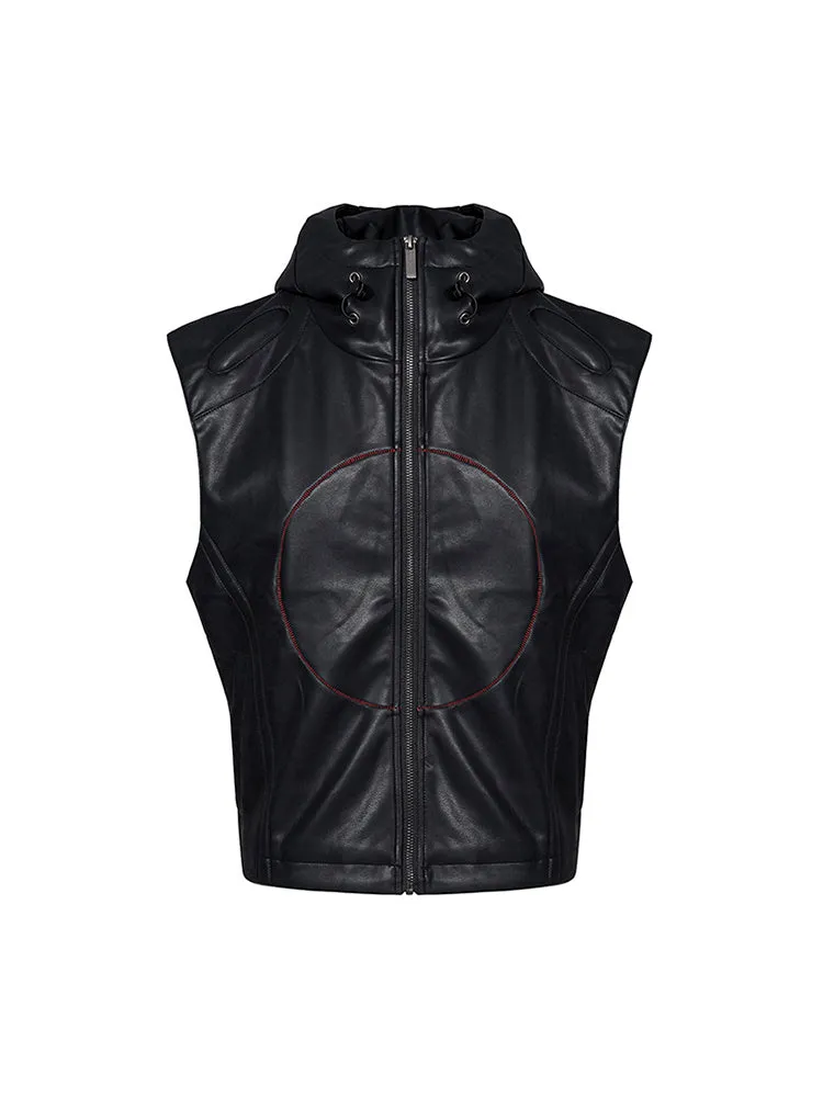 Men's black slim fit leather waistcoat coat with hood and five-pointed star decoration