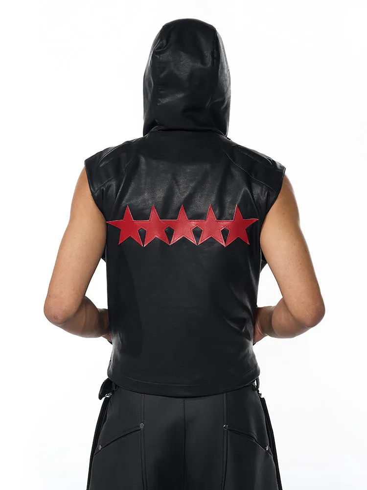 Men's black slim fit leather waistcoat coat with hood and five-pointed star decoration