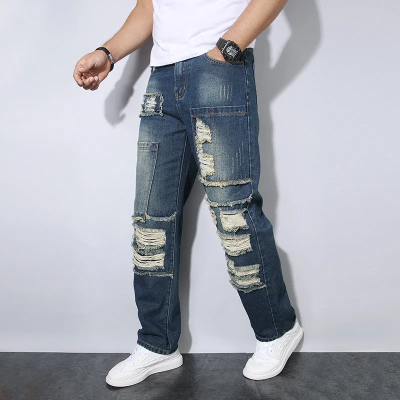 Men's straight wrinkle-resistant loose casual jeans in 2527 blue, mid waist zip fly, cotton material