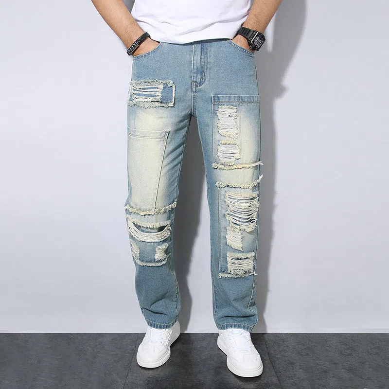 Men's straight wrinkle-resistant loose casual jeans in 2527 blue, mid waist zip fly, cotton material