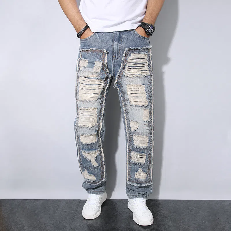 Men's straight wrinkle-resistant loose casual jeans in 2527 blue, mid waist zip fly, cotton material