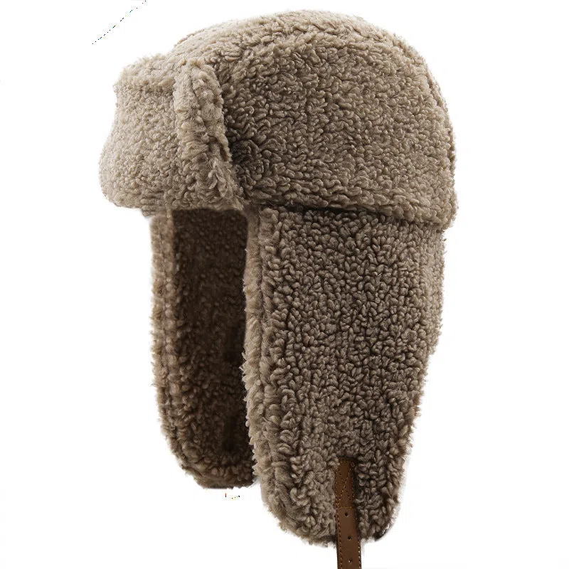Lamb fleece cold-proof hat in 01 Gray, round top, size XL 58-60cm, cotton outer with lamb wool lining