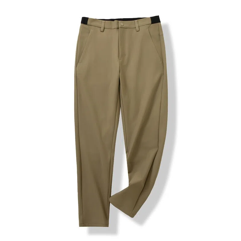 Men's straight leg casual pants in Army Green, slightly elastic, blended nylon fabric, mid-rise waist