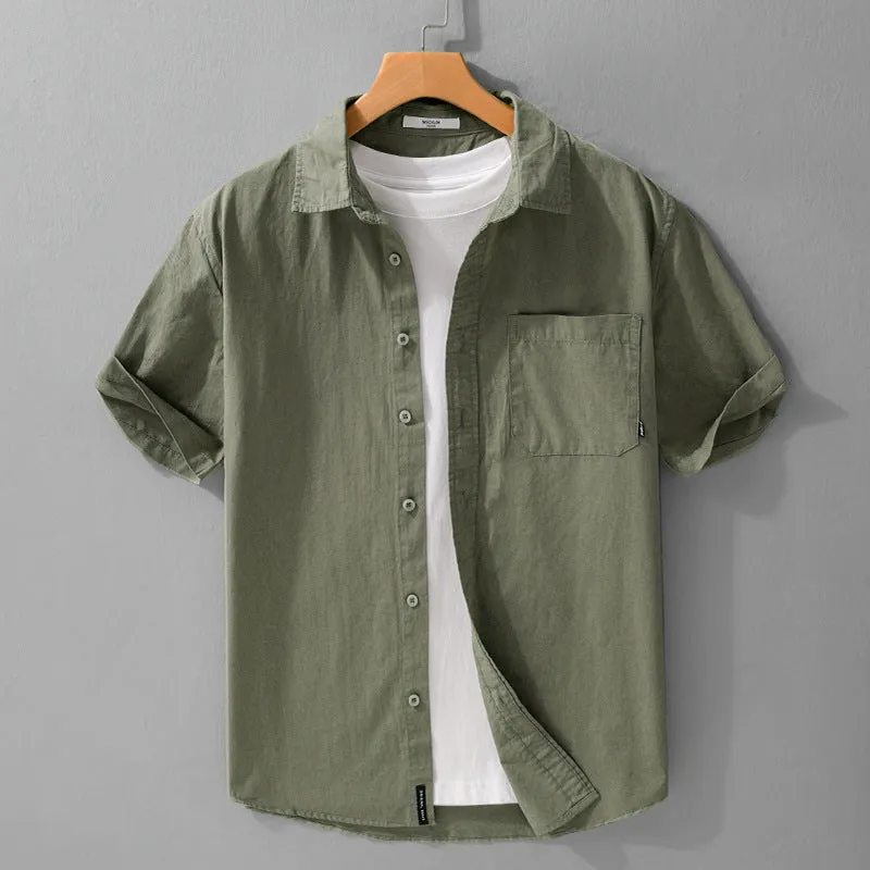 Man wearing a loose-fit light blue pure cotton short sleeve casual shirt.