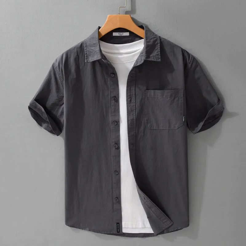 Man wearing a loose-fit light blue pure cotton short sleeve casual shirt.