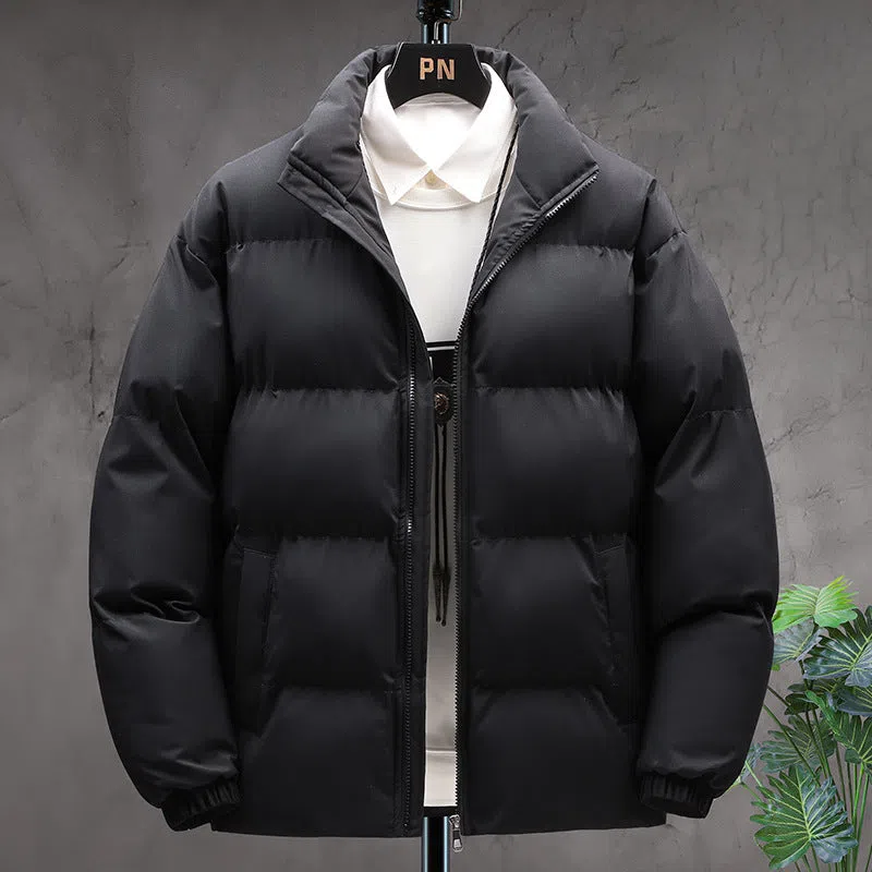 Winter stand-collar men's coat in Khaki with velvet lining, long sleeves, and solid colour design