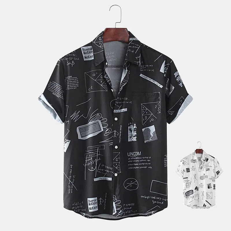 Men's cotton short sleeve shirt with abstract floral print and chest pocket in white