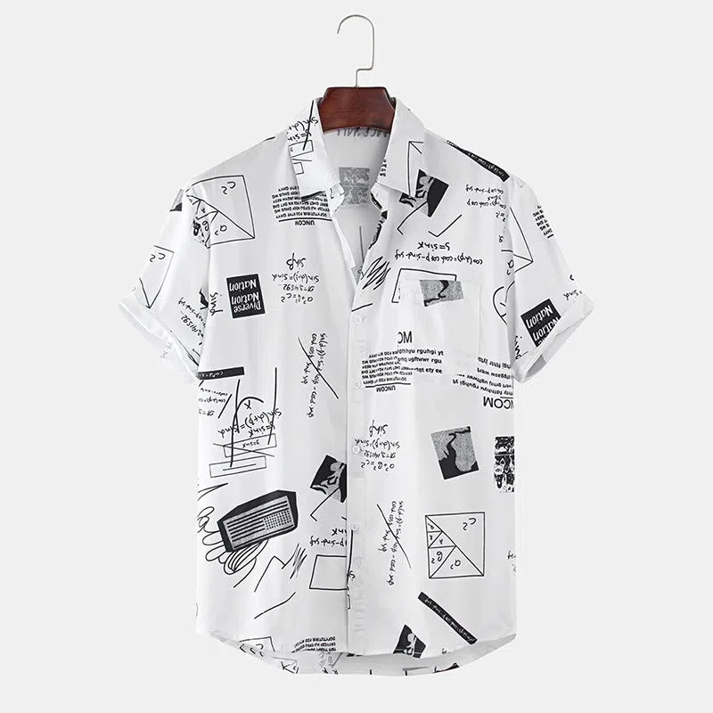 Men's cotton short sleeve shirt with abstract floral print and chest pocket in white
