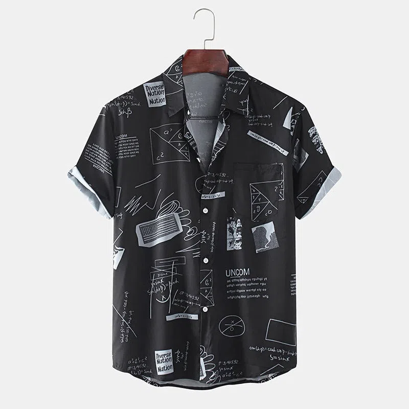 Men's cotton short sleeve shirt with abstract floral print and chest pocket in white