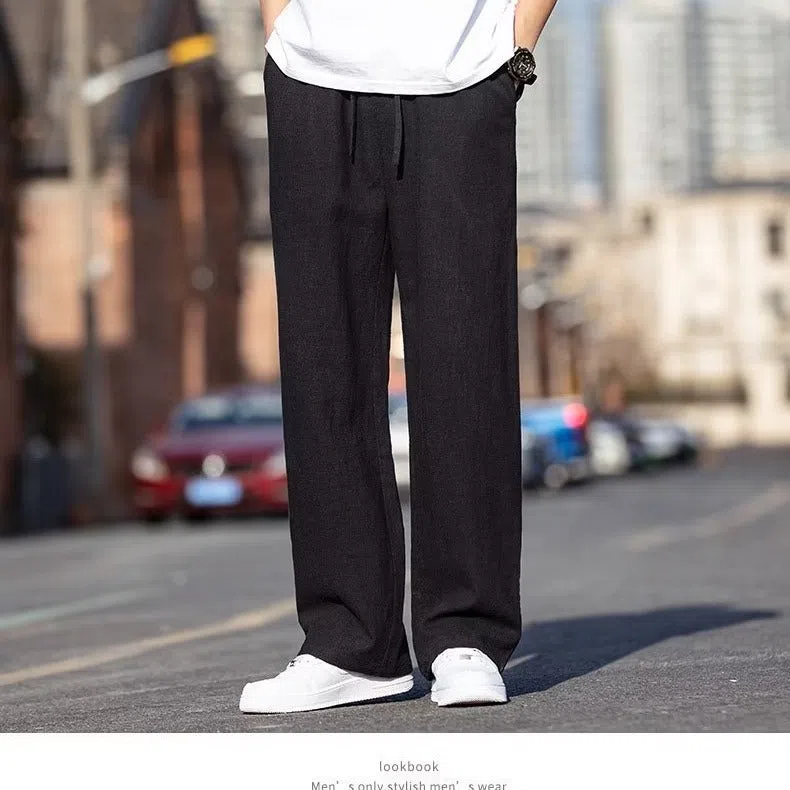 Men's Japanese-style retro baggy straight drawstring trousers in khaki, cotton blend, mid waist, ankle length
