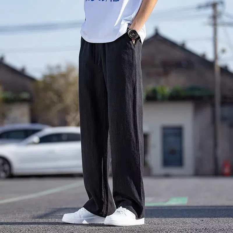 Men's Japanese-style retro baggy straight drawstring trousers in khaki, cotton blend, mid waist, ankle length