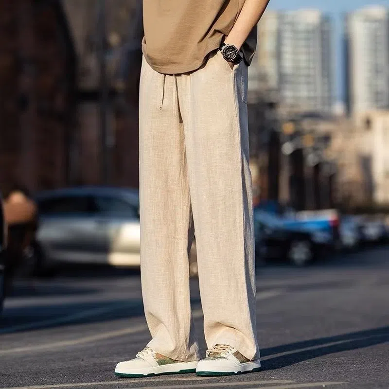 Men's Japanese-style retro baggy straight drawstring trousers in khaki, cotton blend, mid waist, ankle length