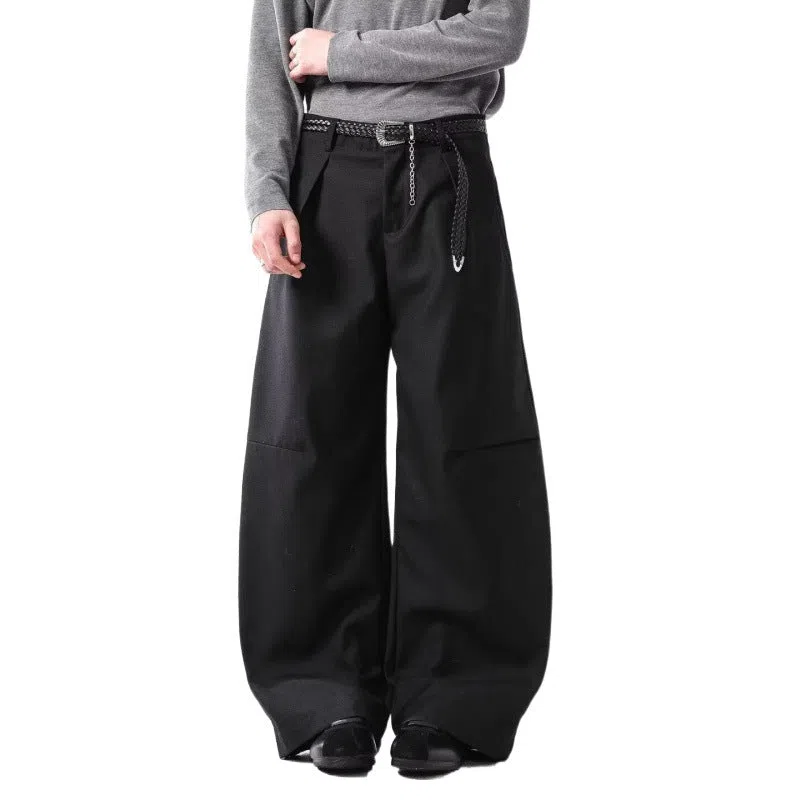 Men's loose casual wide leg pants in black, high waist, cotton blend fabric