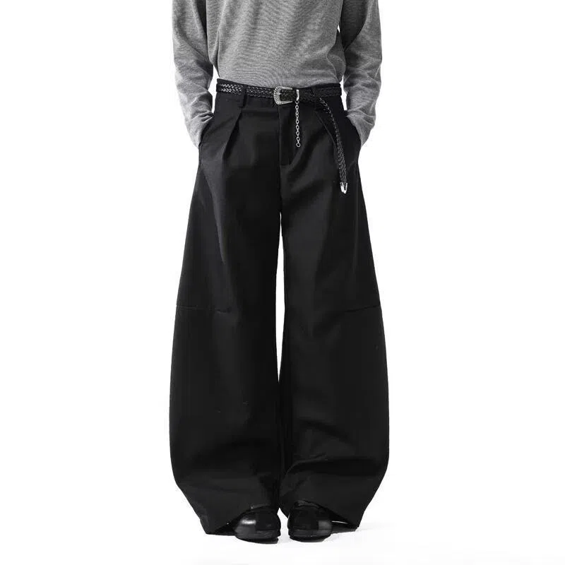 Men's loose casual wide leg pants in black, high waist, cotton blend fabric