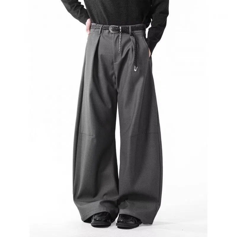 Men's loose casual wide leg pants in black, high waist, cotton blend fabric