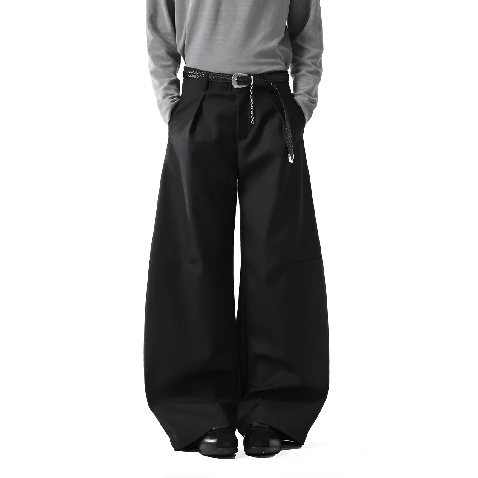 Men's loose casual wide leg pants in black, high waist, cotton blend fabric