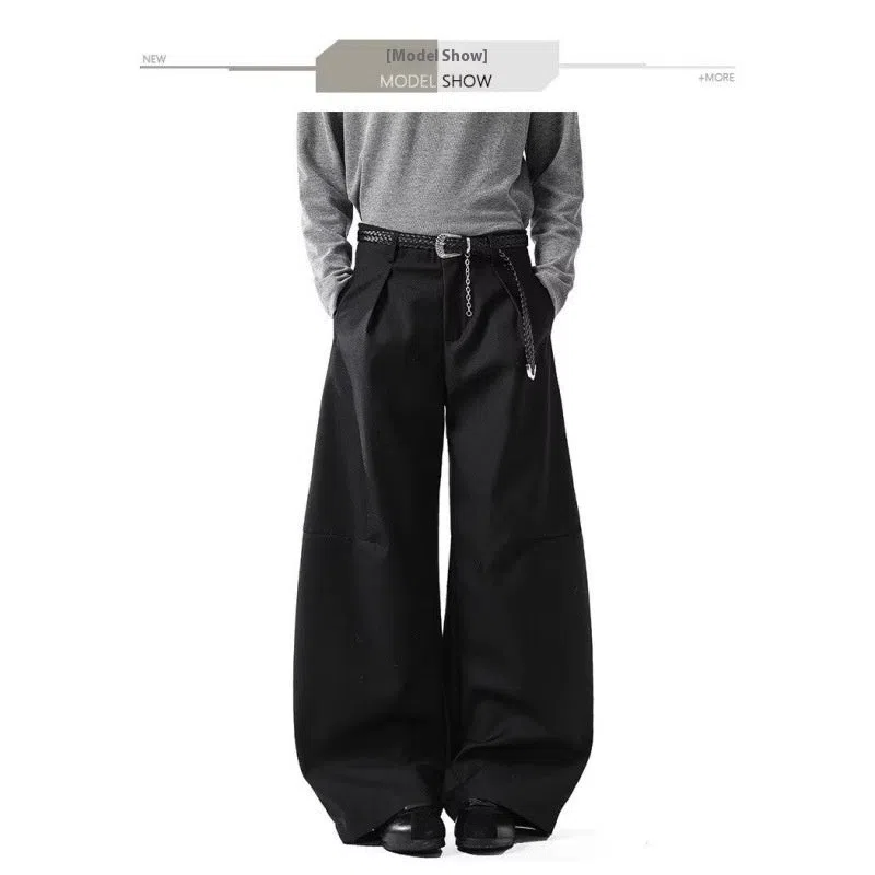 Men's loose casual wide leg pants in black, high waist, cotton blend fabric
