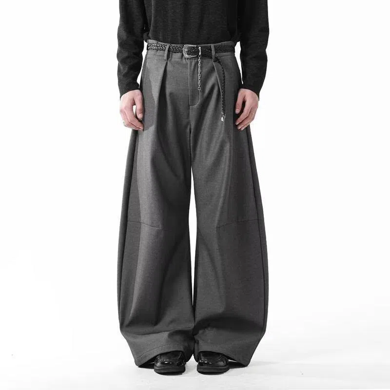 Men's loose casual wide leg pants in black, high waist, cotton blend fabric