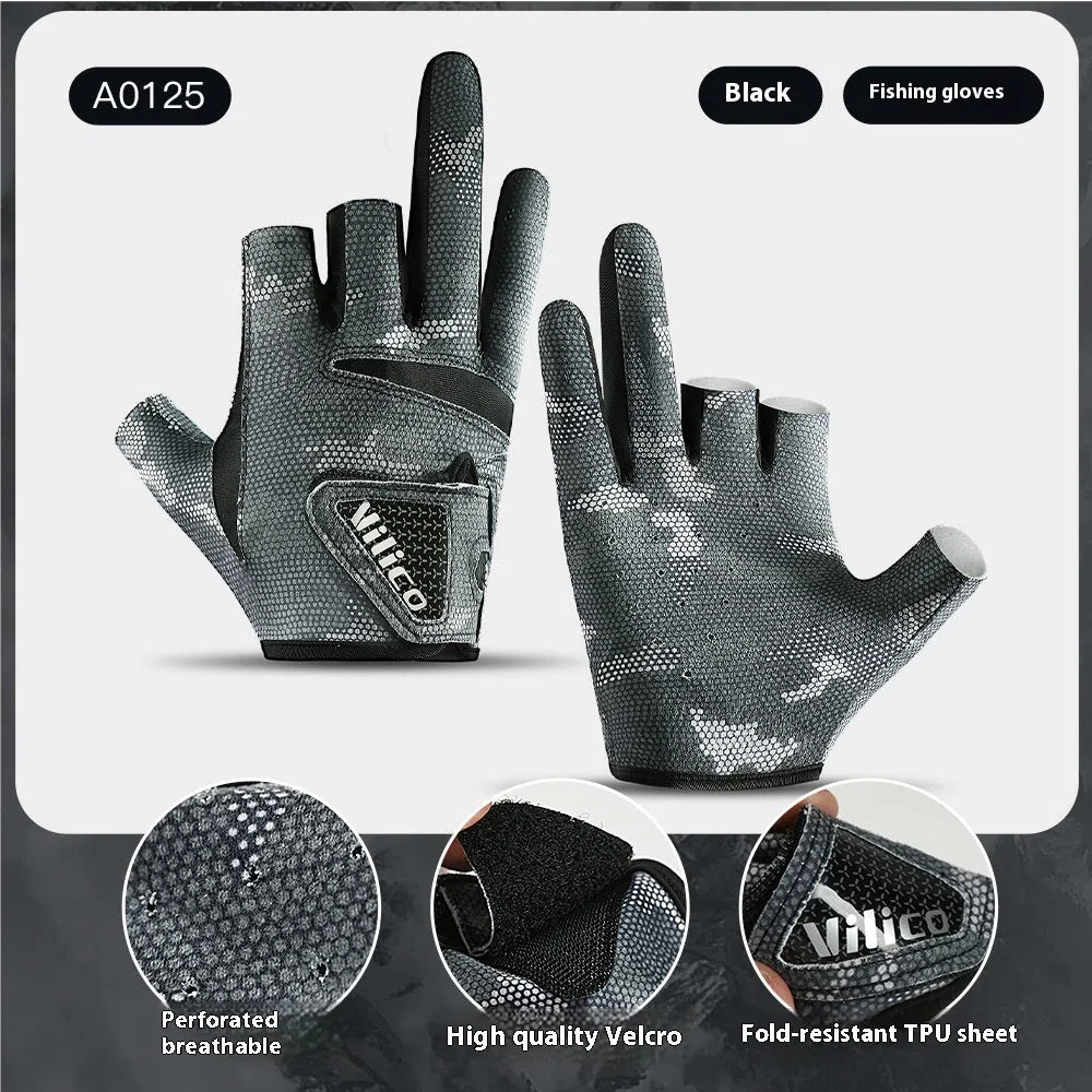 Black exposed three-finger polyester fishing lure gloves on a boat with fishing rod