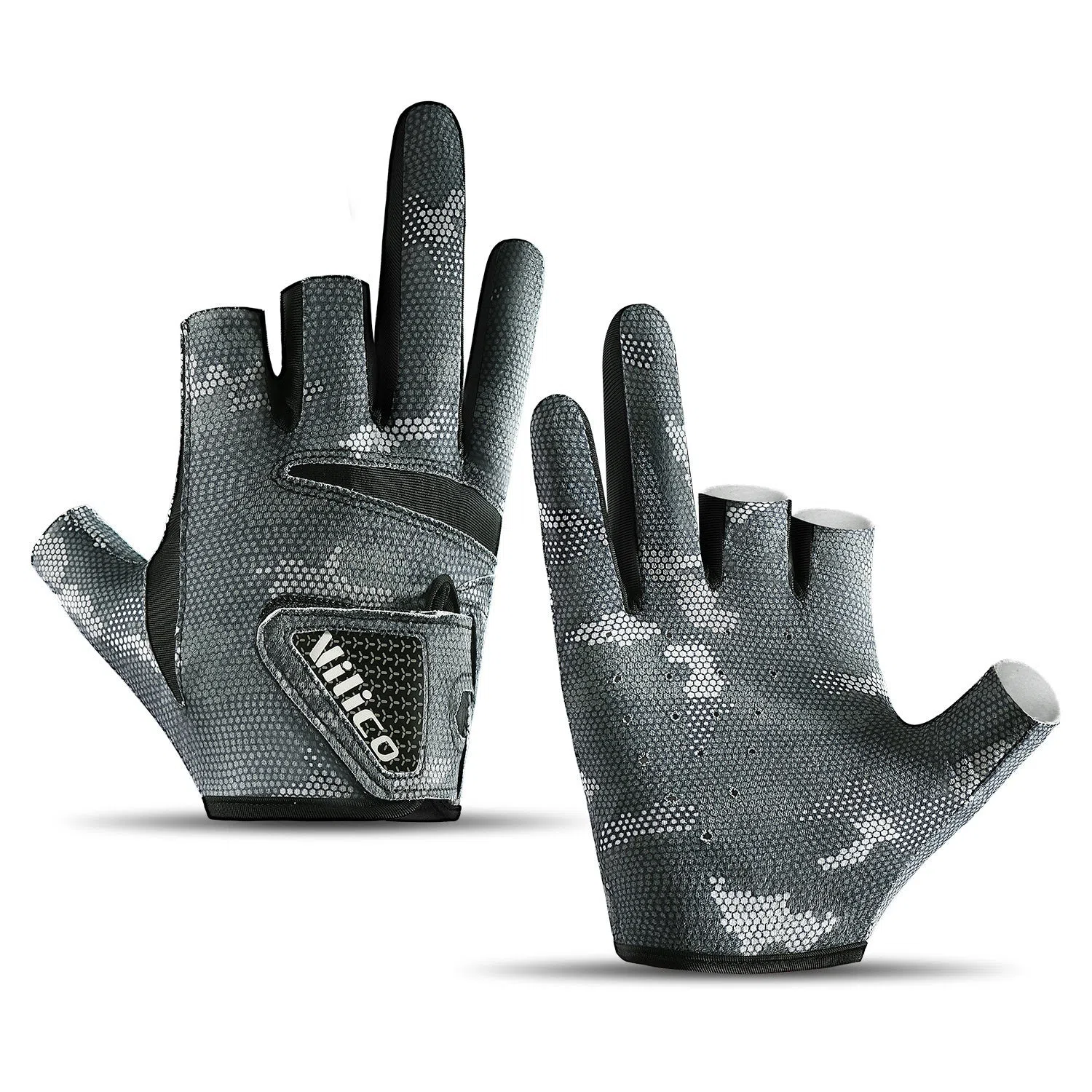 Black exposed three-finger polyester fishing lure gloves on a boat with fishing rod
