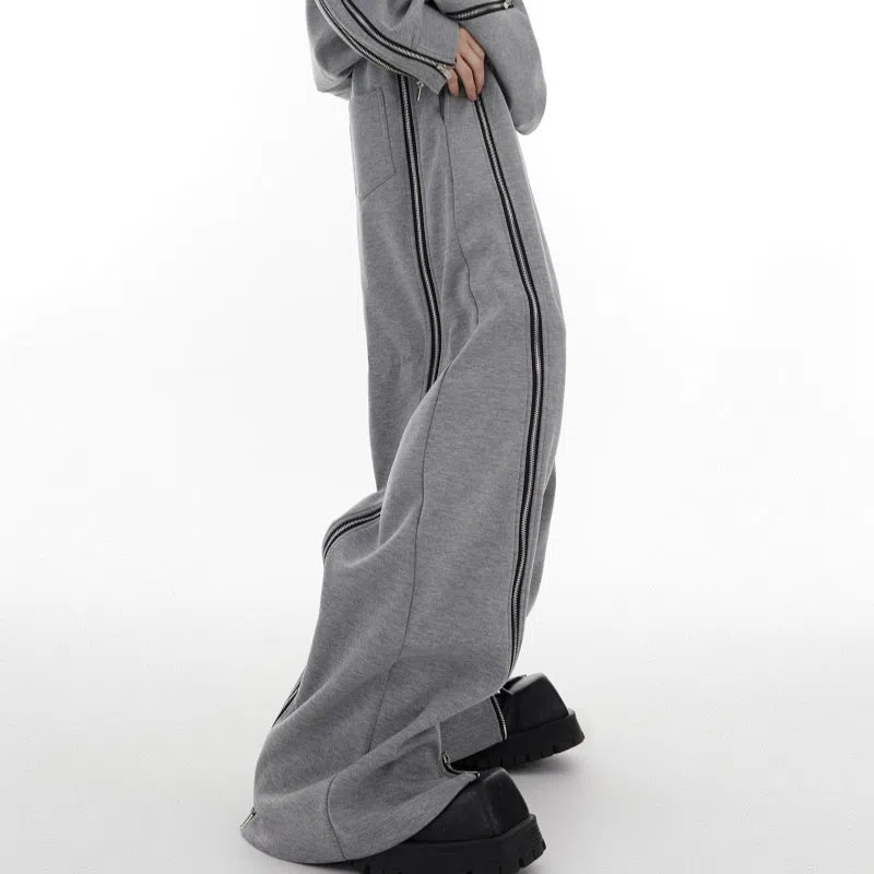 Men's full-body zip padded shoulder round neck tracksuit set in black and grey, loose fit