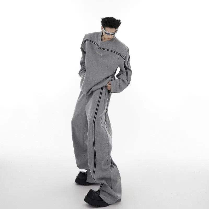 Men's full-body zip padded shoulder round neck tracksuit set in black and grey, loose fit