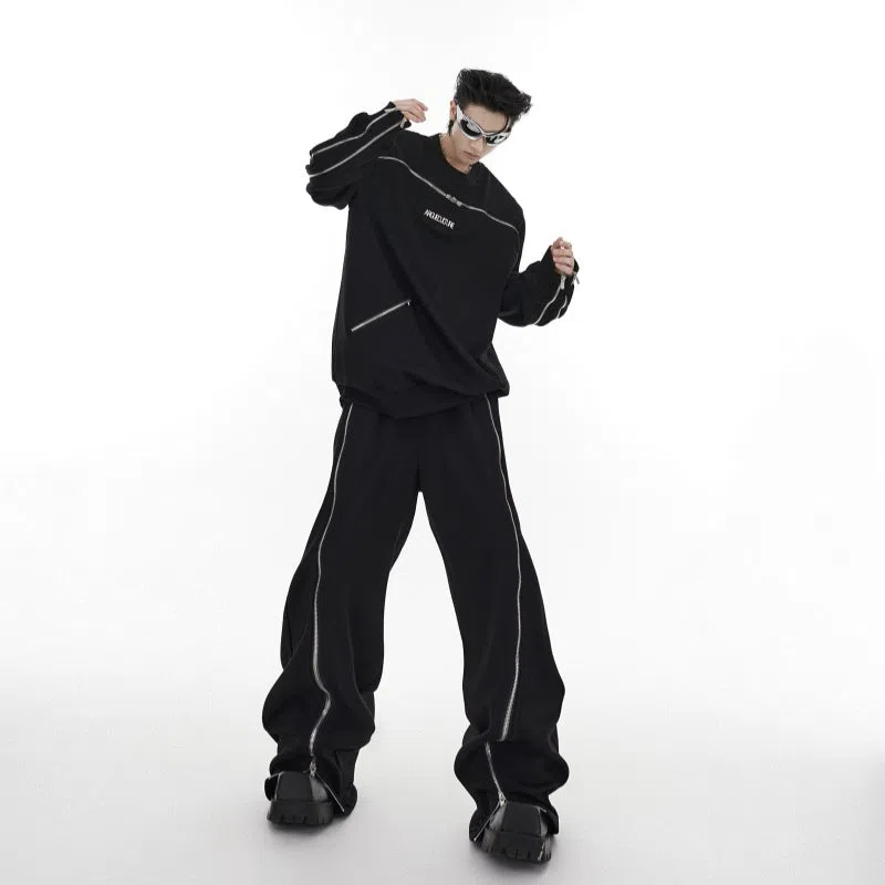 Men's full-body zip padded shoulder round neck tracksuit set in black and grey, loose fit