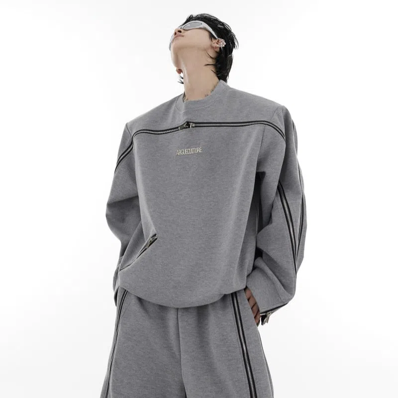 Men's full-body zip padded shoulder round neck tracksuit set in black and grey, loose fit