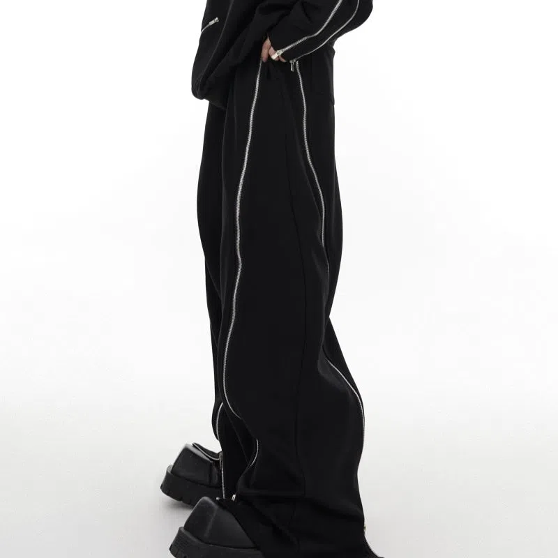 Men's full-body zip padded shoulder round neck tracksuit set in black and grey, loose fit