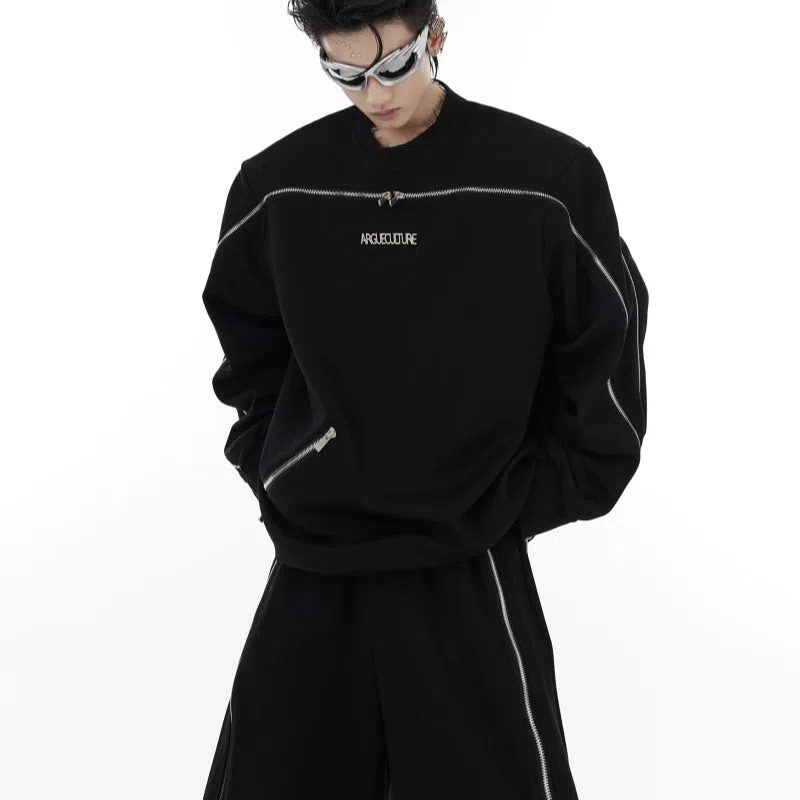 Men's full-body zip padded shoulder round neck tracksuit set in black and grey, loose fit