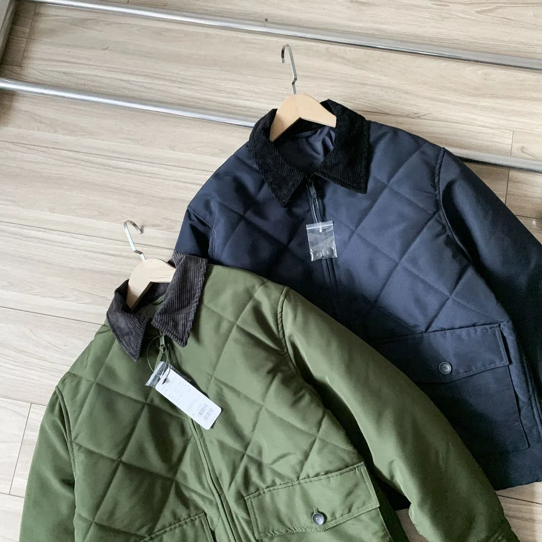 Men's autumn winter thickened nylon jacket in Navy Blue with two-colour collage stitching, loose fit, front view
