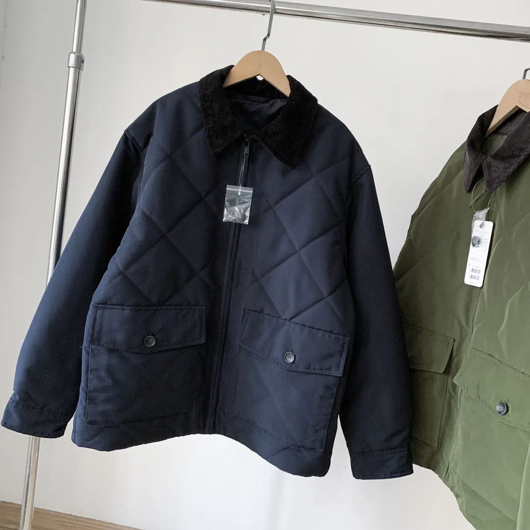 Men's autumn winter thickened nylon jacket in Navy Blue with two-colour collage stitching, loose fit, front view