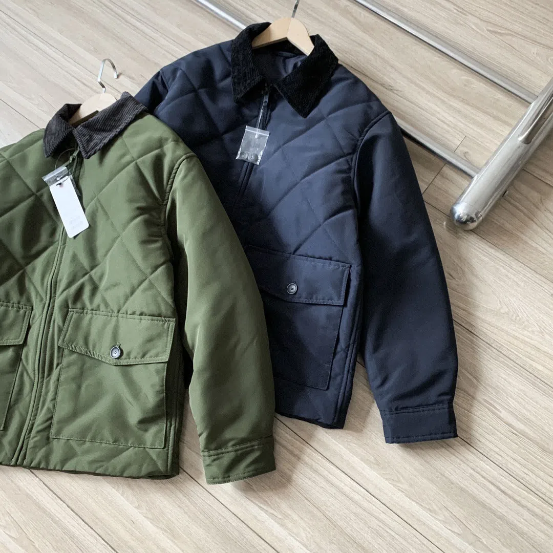 Men's autumn winter thickened nylon jacket in Navy Blue with two-colour collage stitching, loose fit, front view