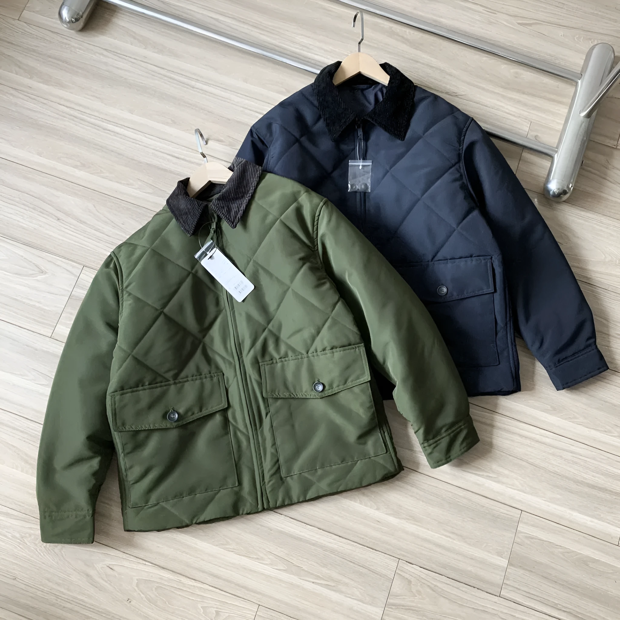 Men's autumn winter thickened nylon jacket in Navy Blue with two-colour collage stitching, loose fit, front view