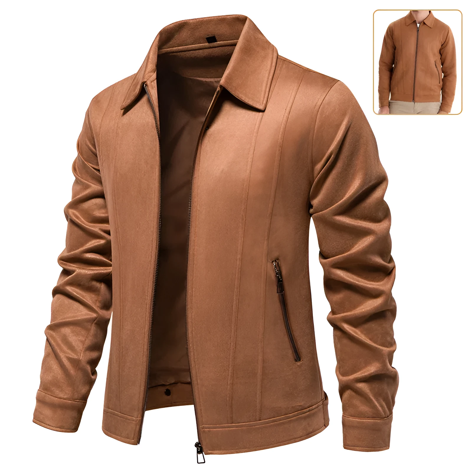 Men's solid suede lapel zipper jacket autumn winter outdoor coat front view