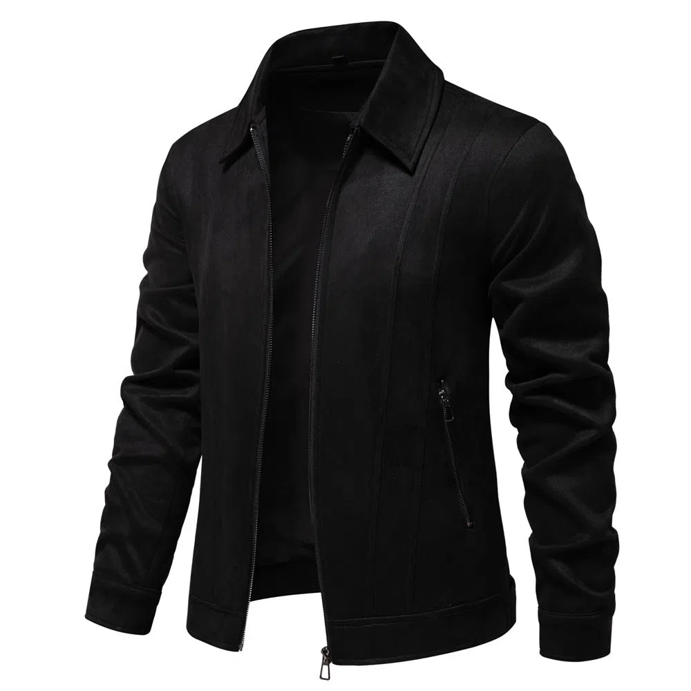Men's solid suede lapel zipper jacket autumn winter outdoor coat front view