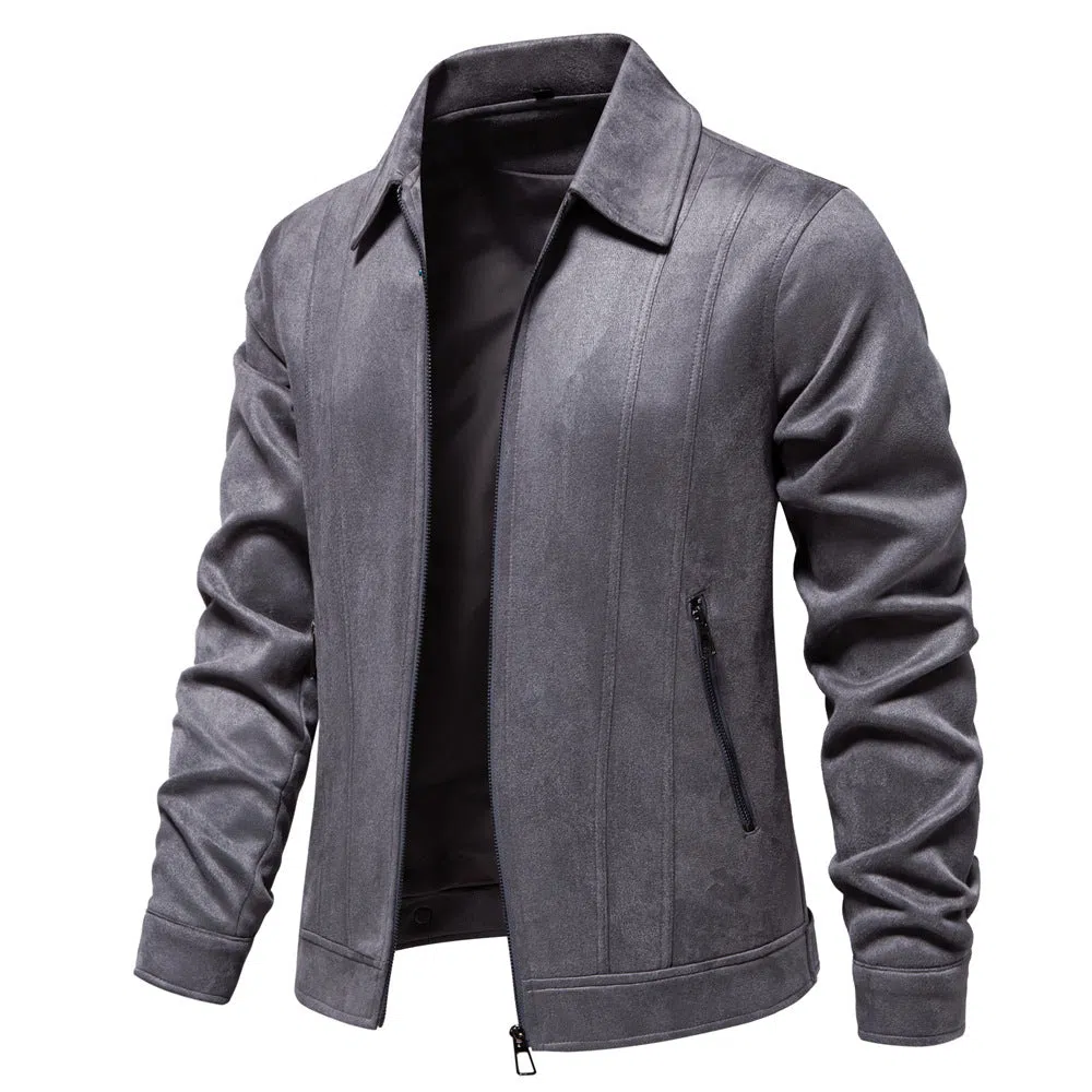 Men's solid suede lapel zipper jacket autumn winter outdoor coat front view